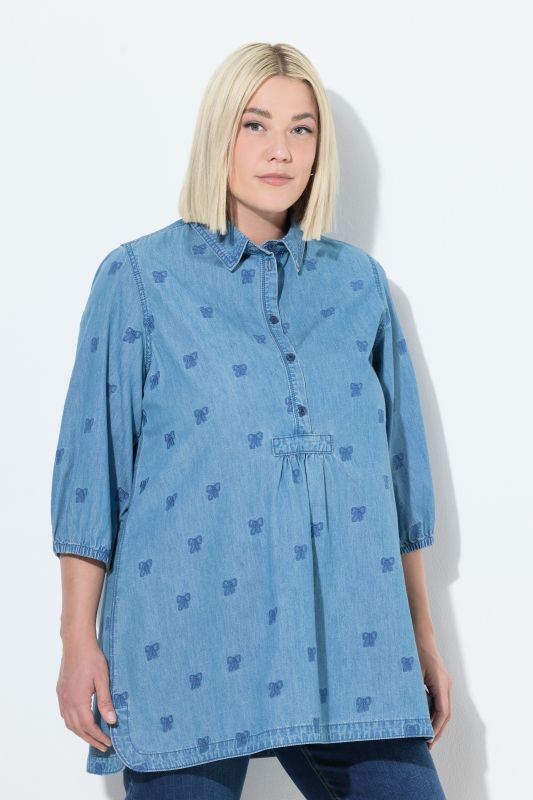 Bow Embroidered Denim-Look Blouse
