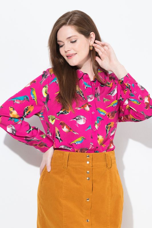 Bird Print Button Front Blouse