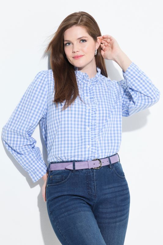 Checkered Button Down Ruffle Blouse