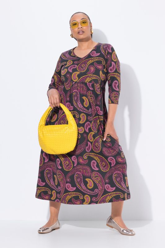 Midnight Paisley Print Empire Knit A-Line Pocket Dress