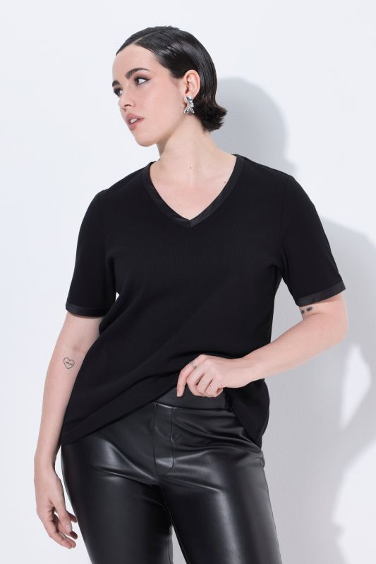 Satin Trimmed Ribbed Jersey Short Sleeve Tee