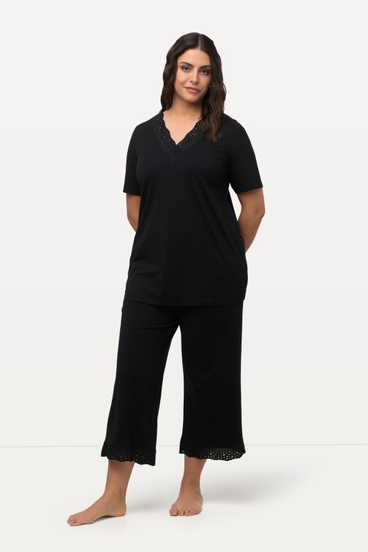 Eyelet Trim V-Neck Super Soft Cotton Blend Pajama Set