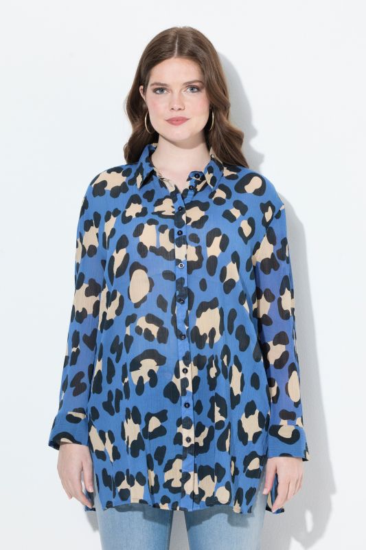 Leopard Print Long Sleeve Button Down Tunic Blouse