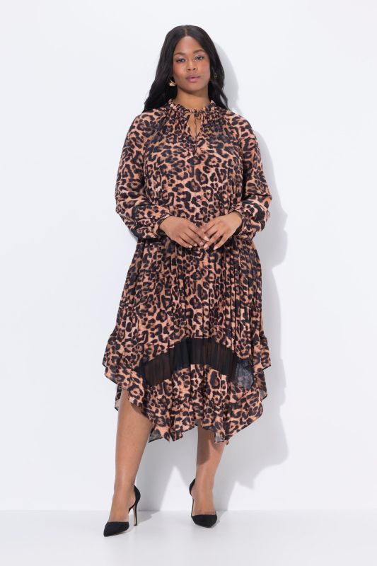 Pleated Long Sleeve Leopard Print Dress