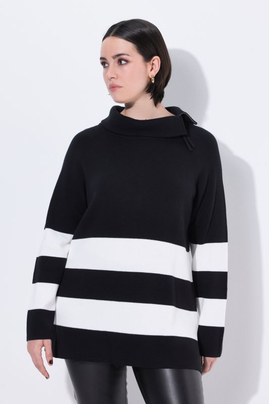 Block Stripe Asymmetric Turtleneck Sweater