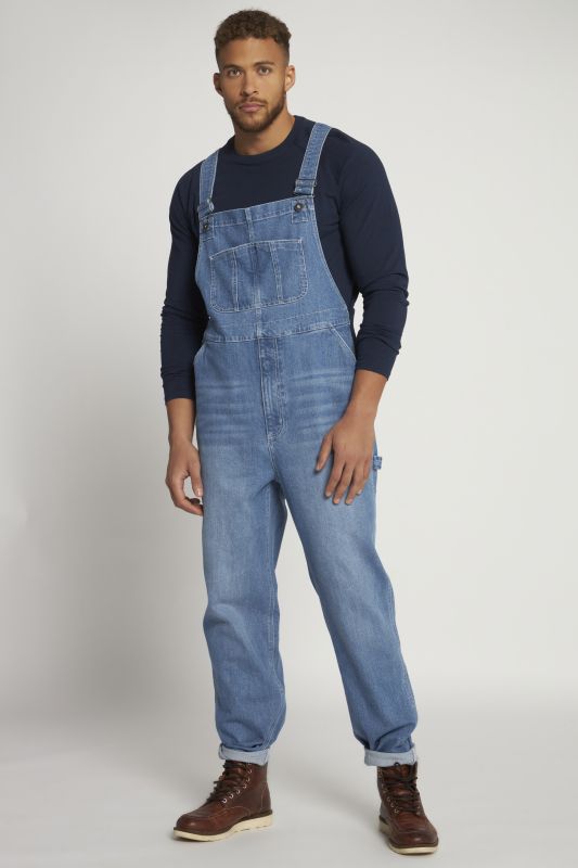 Dungarees, denim, many pockets, elastic inserts, relaxed fit