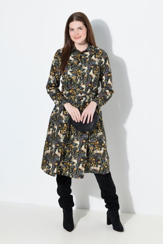Owl Print Long Sleeve Button-Down Dress