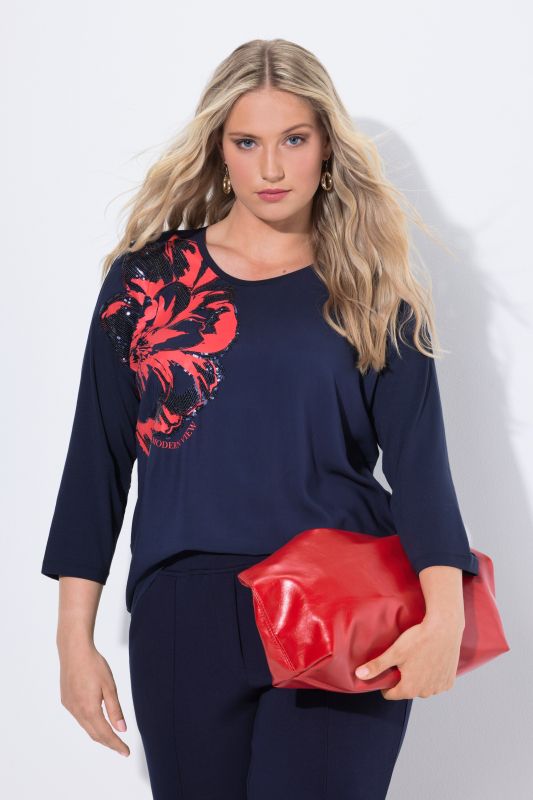 Sequined Flower Motif 3/4 Sleeve Tee