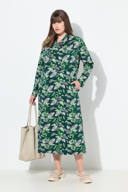 Eco Cotton Leaf Print Waterfall Collar Sweatshirt Dress