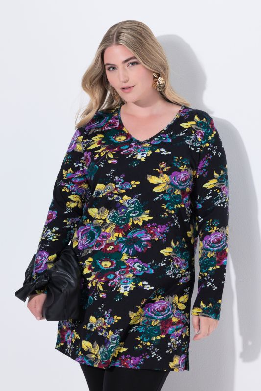 Electric Floral Print Empire A-Line Knit Tunic