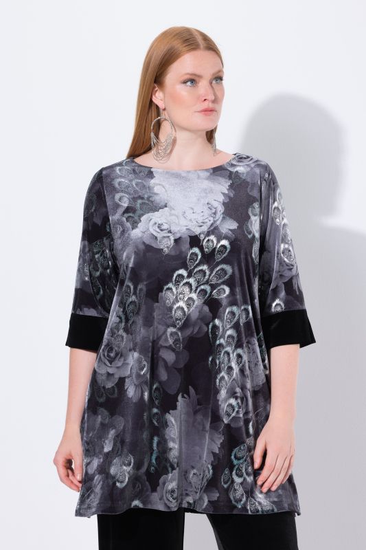 Velvet Peacock Feather 3/4 Sleeve Tunic Blouse