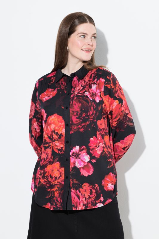 Rose Print Long Sleeve Viscose Button-Down Shirt