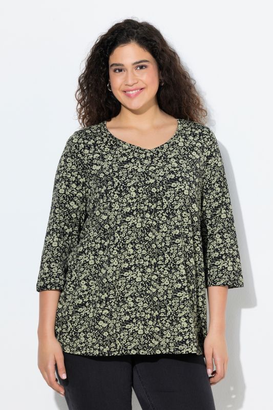 Pleated Floral Print 3/4 Sleeve Tee