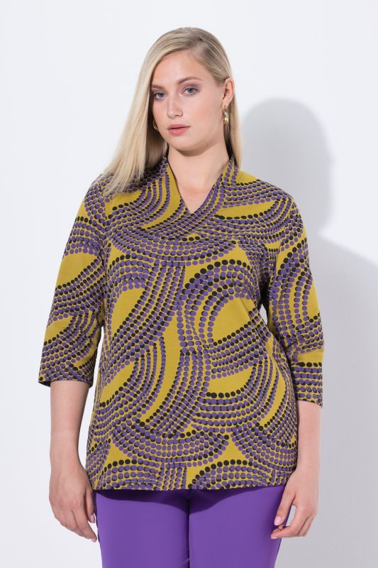 Dot Wave Print 3/4 Sleeve Goblet Collar Tee