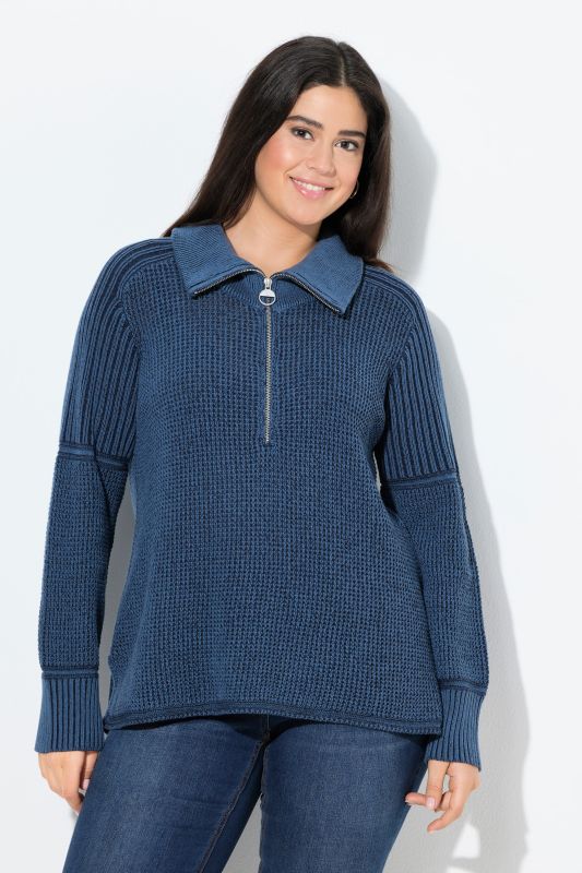 Two-Tone Mixed Knit Troyer Collar Sweater