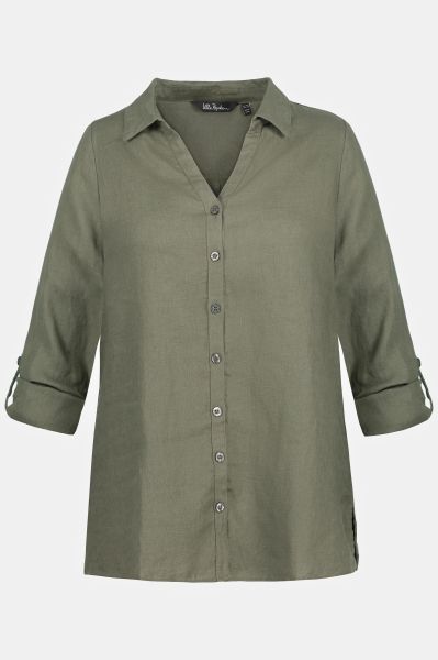 Roll-Tab Sleeve Button Front Linen Blouse