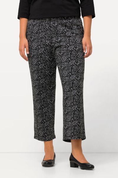 Black White Floral Print Knit Elastic Waist Pocket Pants