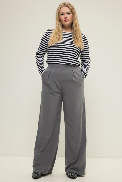 Trousers, high waist, wide leg, pleats, partially elastic waistband