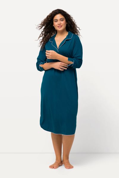 Piped Accent Lapel Collar Cotton Blend Knit Nightgown