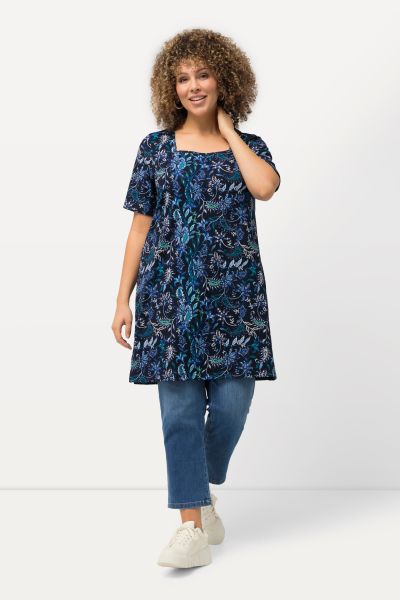 Square Neck Floral Knit Short Sleeve Tunic