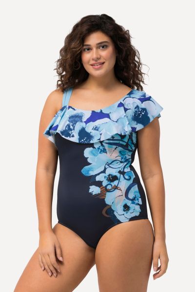 Asymmetric Ruffled Floral Swimsuit
