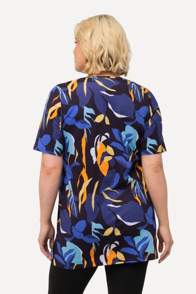 Tropical Print Short Sleeve V-Neck Knit Tunic