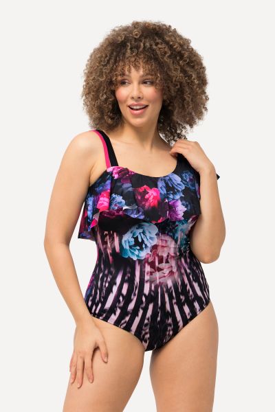 Mixed Print Flounce Panel One Piece Swimsuit