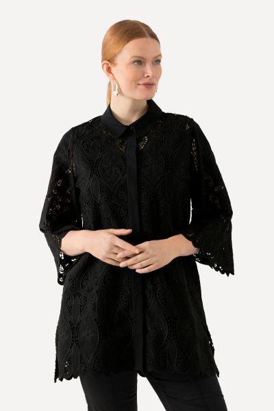 Openwork Lace 3/4 Sleeve Blouse