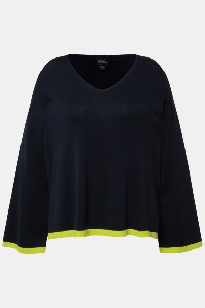 Contrast Cuff Long Sleeve V-Neck Sweater