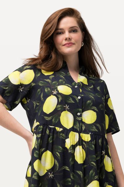 Lemon Print Goblet Collar Short Sleeve Dress