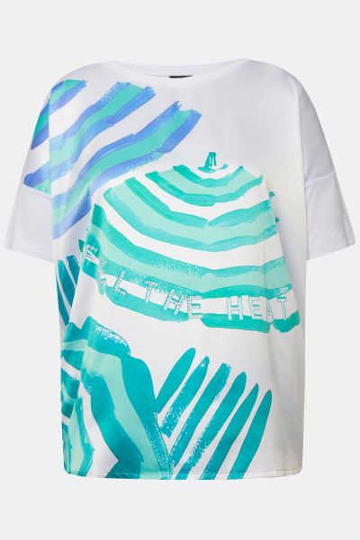Satin Front Short Sleeve Boat Neck Graphic Tee
