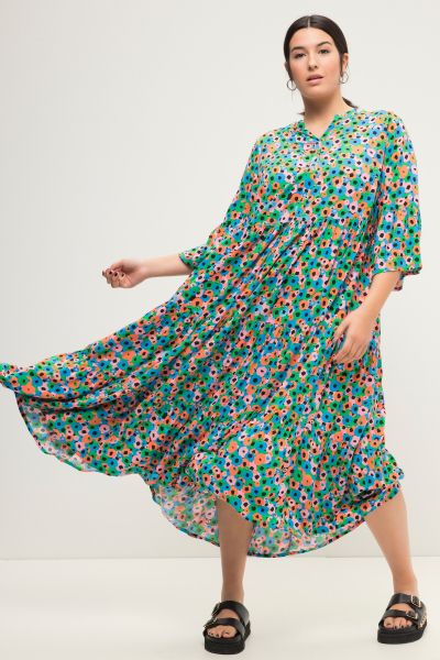 Maxi dress, A-line, color flower, tunic neckline, 3/4 sleeves