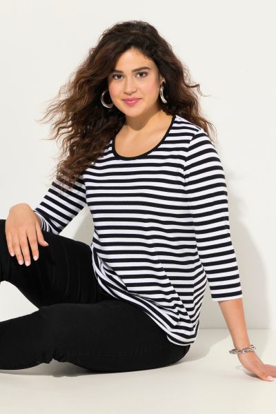 Striped 3/4 Sleeve Ribbed Jersey Tee