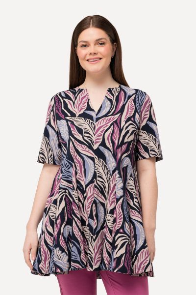 Eco Cotton Leaf Print Short Sleeve Knit Tunic