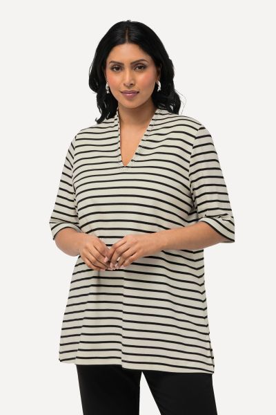 Striped Short Sleeve Goblet Collar Tee