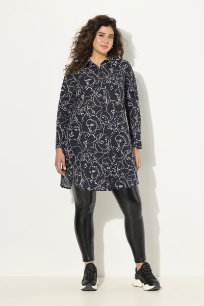 Face Print Long Sleeve Button Down Tunic Shirt