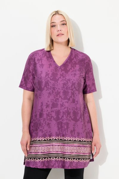 Border Print Stretch Knit Pocket Tunic