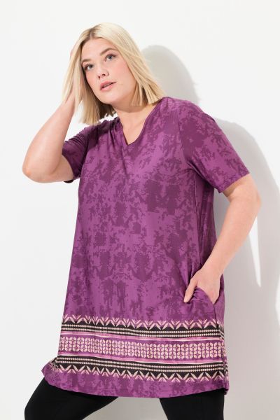 Border Print Stretch Knit Pocket Tunic