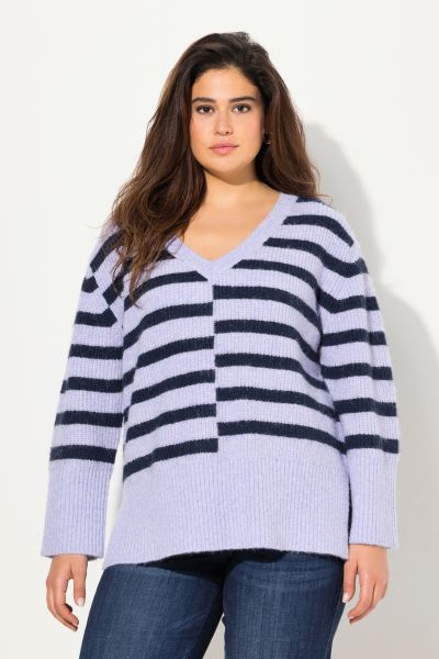 Split Stripe Long Sleeve V-Neck Sweater