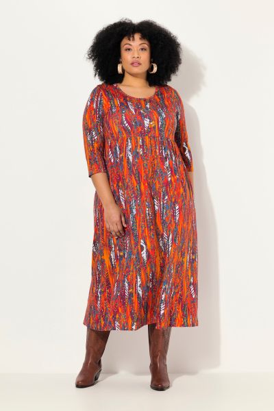 Abstract Leaf Print 3/4 Sleeve Jersey Dress