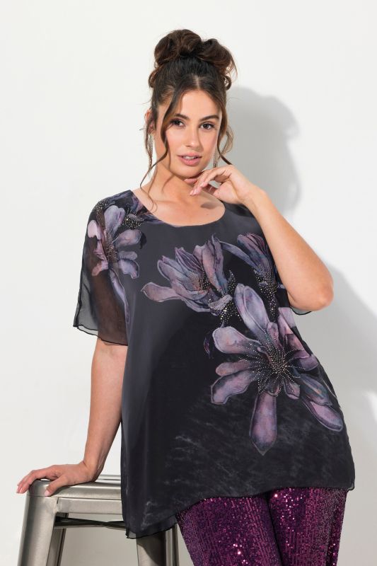 Rhinestone Floral Chiffon Layer Round Neck Lined Blouse