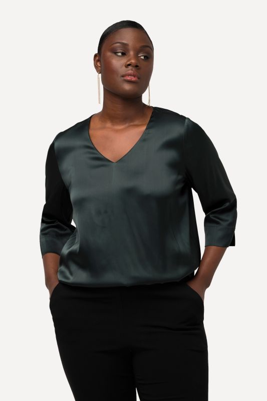 3/4 Sleeve Satin V-Neck Blouse