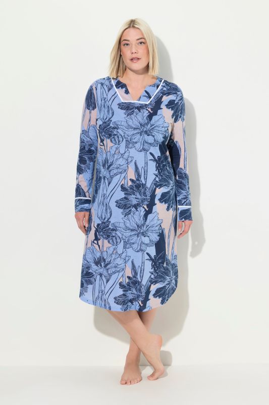 Split Neck Long Sleeve Floral Nightgown