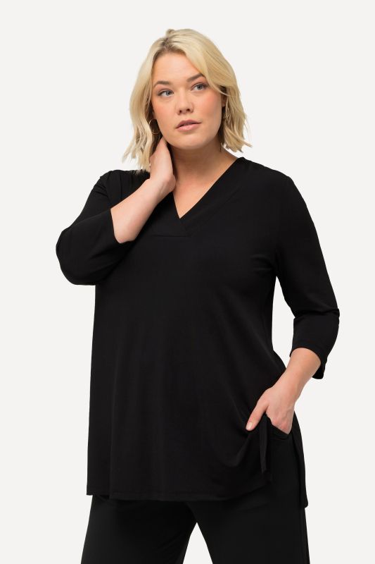 Matte Jersey V-Neck Swing Vented Three Quarter Sleeve Tunic