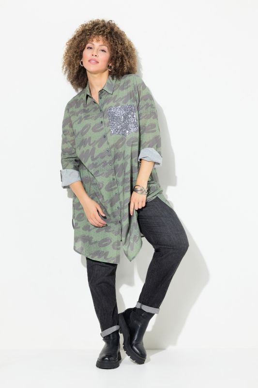 Scribble Print Button-Down Tunic Shirt