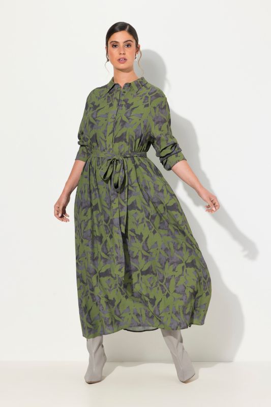 Leaf Print Tie Waist Long Sleeve Dress