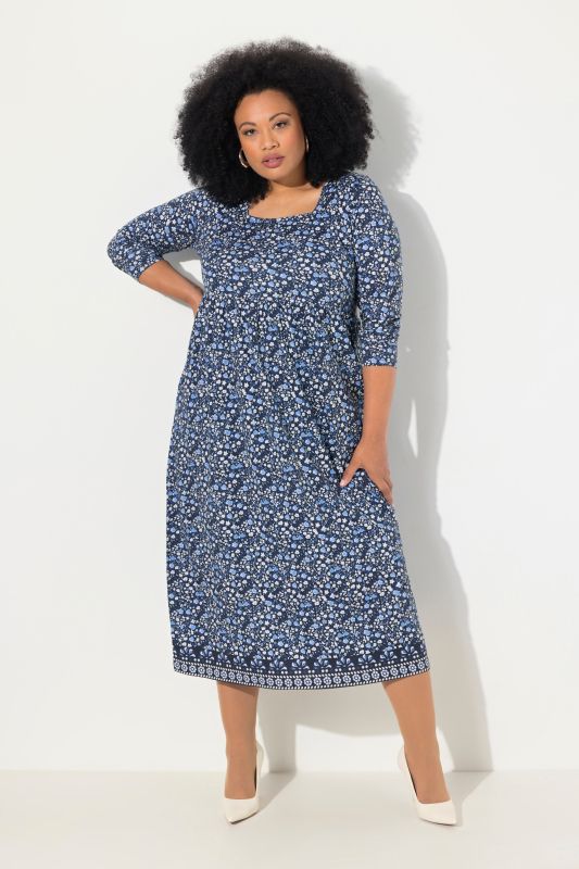 Floral Square Neck Long Sleeve Matte Jersey Dress