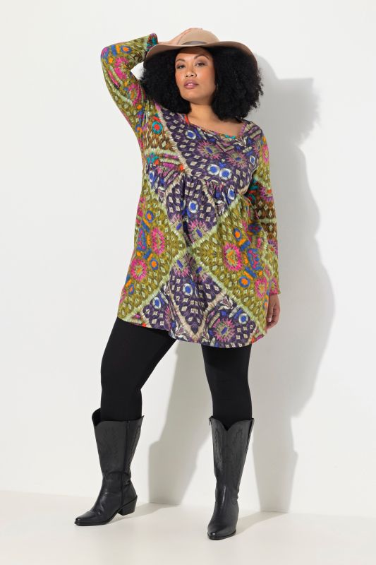 Mix Print Square Neck Empire Cotton Knit A-Line Swing Tunic