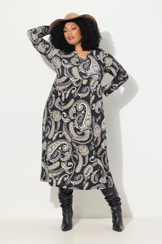 Matte Jersey Paisley Long Sleeve Notch Neckline Dress