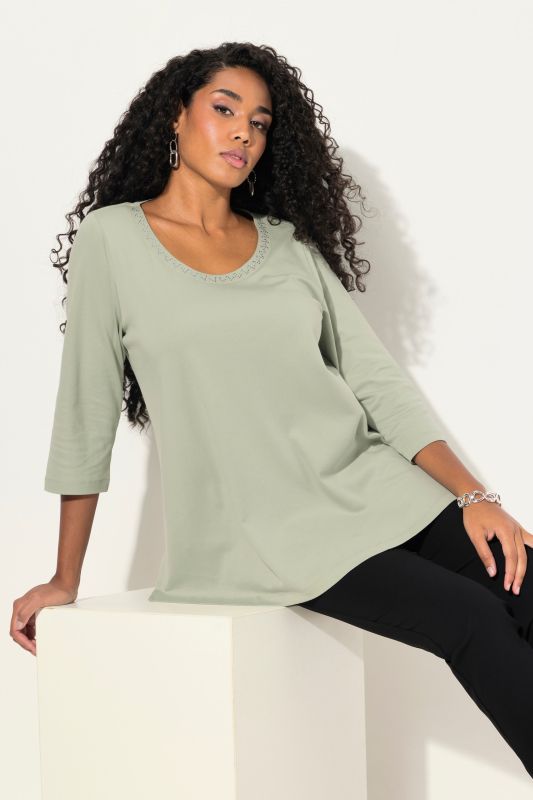 Rhinestone Neck Pima Cotton 3/4 Sleeve Tee